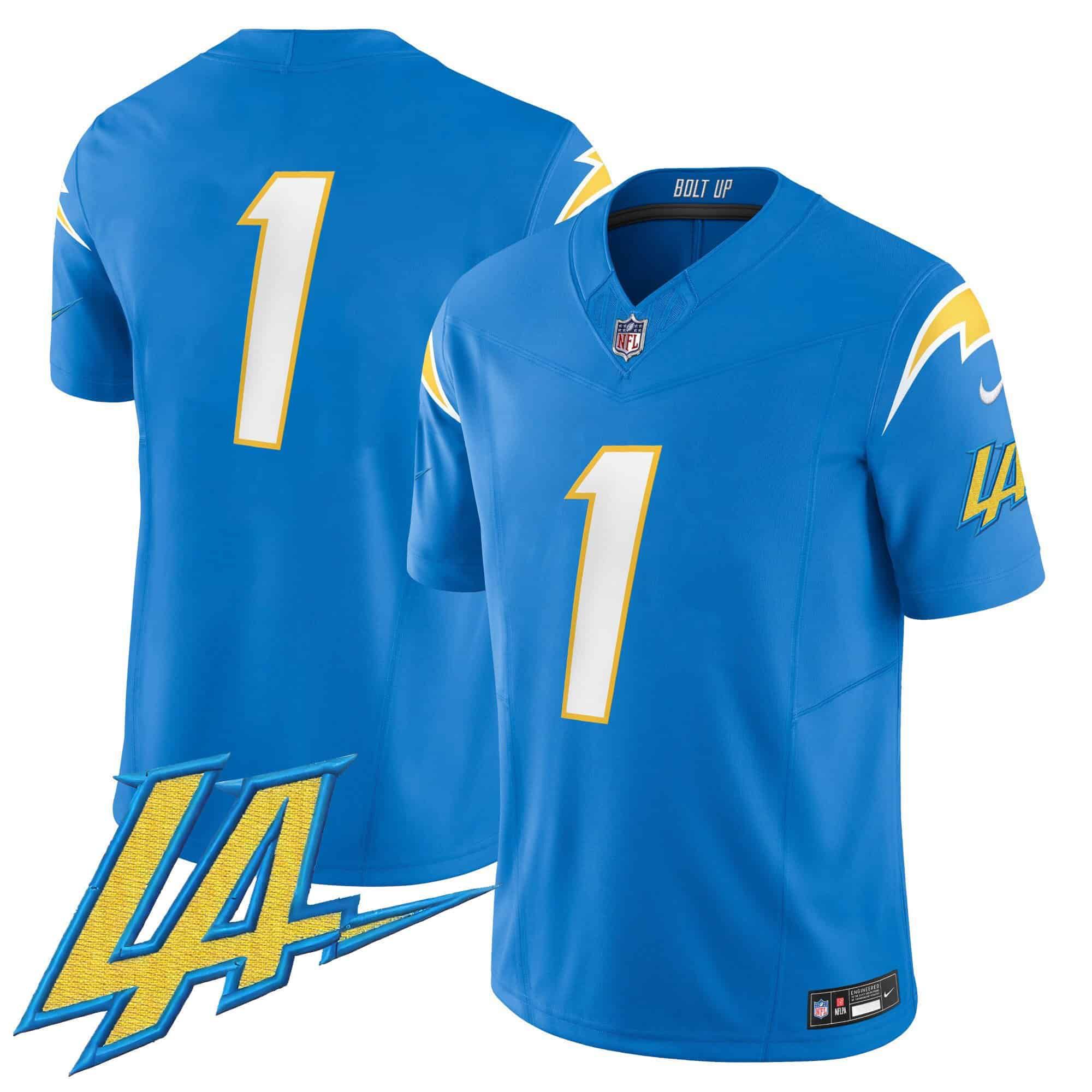 Men Los Angeles Chargers #1 No Name Light Blue 2024 Nike Vapor Limited NFL Jersey style 1